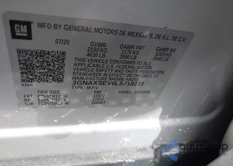 2020 Chevrolet Equinox Awd Ls z USA, uszkodzony, nr VIN 3GNAXSEV6LS718219